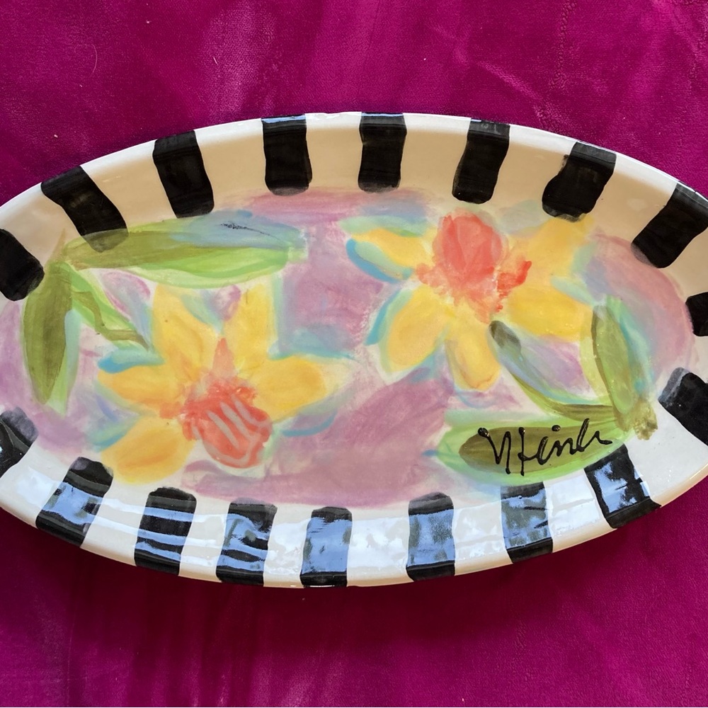 Handmade Ceramic Tray “Daffodils on Lavender “ original design 10.5”x5.5”